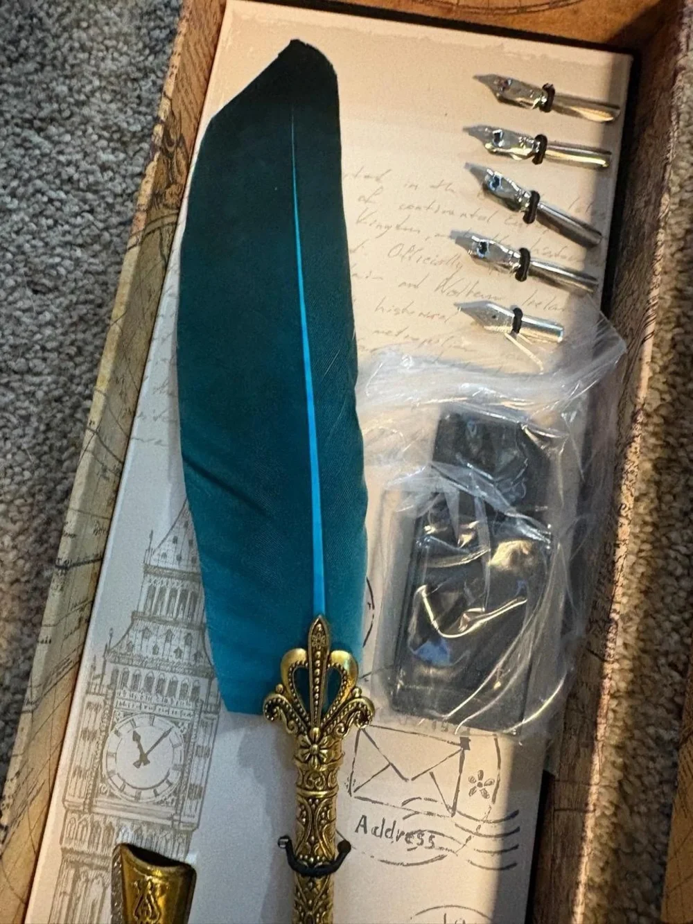 Teal Feather Quill Pen with Ornate Brass Holder - Elegant Writing Set